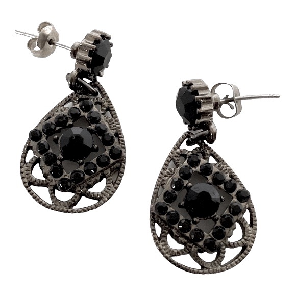Filigree Dangle Earrings Gunmetal Tone Black Rhinestones Vintage EUC - Picture 5 of 8